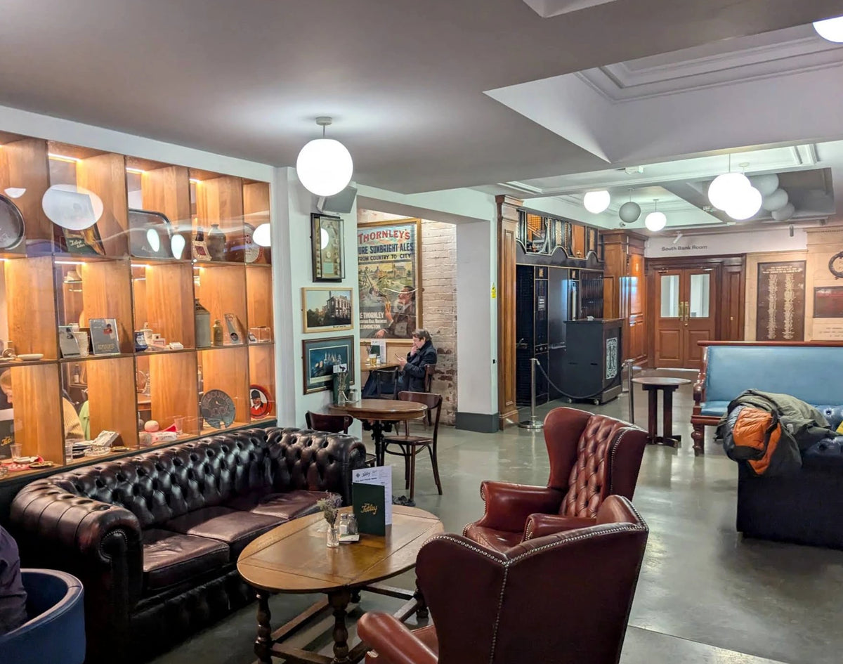 Inside The Tetley, leather sofas and the bar lounge